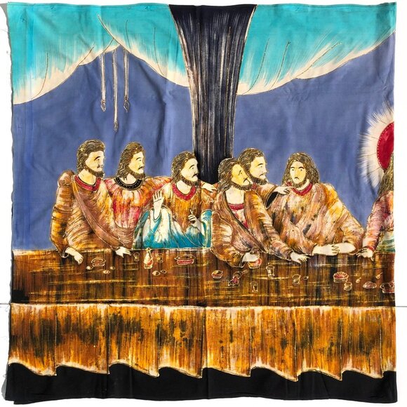 The Last Supper Batik Fabric Art Panel large vintage AS IS Jesus Christianity - Picture 2 of 15